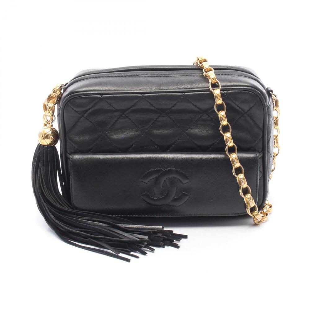 Chanel Matelasse Fringe Chain Shoulder Bag Lambskin Sheepskin Black